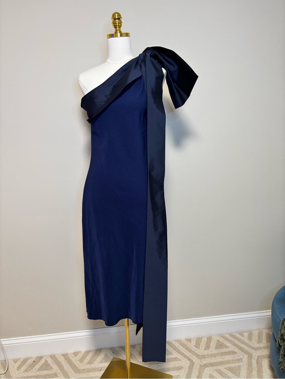 BERNADETTE Navy One Shoulder Oversized Bow Evening Dress Size 38